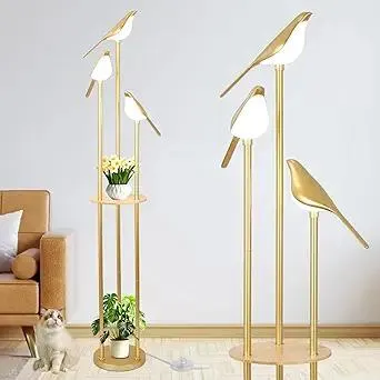 Gold Floor Lamp for Living Room With Shelves - Modern Mid Century Standing Light With 3 Adjustable LED Bird Lights, Corner Tall Lamp With Table, Brass Stand for Bedroom Kids Room