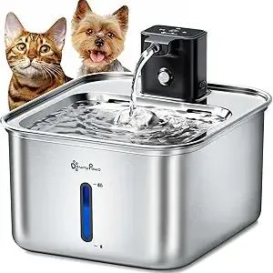 DownyPaws Cat Water Fountain Stainless Steel Wireless, 101 oz/3L FurSink Cordless Cat Water Dispenser for Pets, Battery Operated Dog Drinking Fountain with Motion Sensor, Easy Clean, Metal