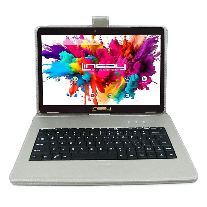 LINSAY® 10.1" OCTA CORE 128GB Storage Android 13 Tablet Dual Camera Android with Silver Keyboard and Pen Stylus