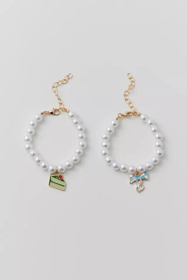 Enameled Charm Pearl Bracelet Set