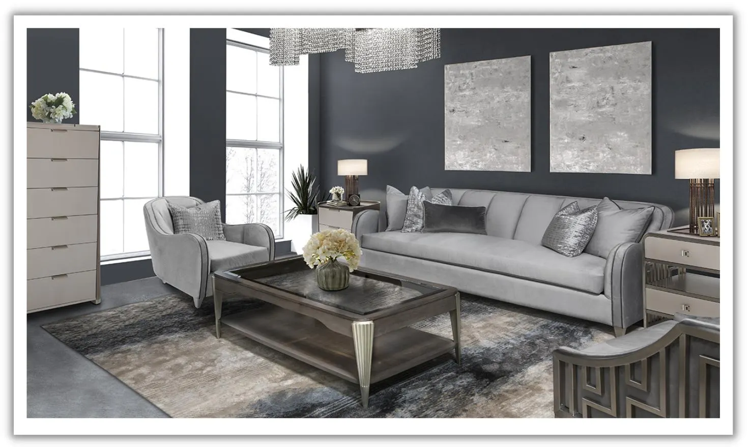 AICO Roxbury Park 3-Seater Velvet Upholstered Sofa in Slate