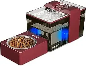 Automatic Cat Water Fountain with Food Bowl – 2.2L/74oz 2-in-1 Pet Fountain & 304 Stainless Steel Bowl, Ultra-Quiet, LED Indicator, BPA-Free for Cats & Dogs (Red, 13.78 x 5.55 x 5.31 inches)