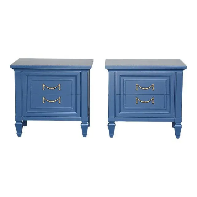 Mid Century Walnut Blue Nightstands, a Pair