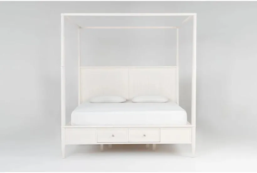Austen White Queen Wood Platform Canopy Bed With Footboard Storage | Poster | Drawers