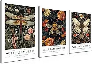 Framed William Morris Canvas Wall Art Set of 3, Vintage Animal Bee Dragonfly Wall Decor Paintings, Nature Botanical Flowers Posters Prints Pictures for Living Room Bedroom Bathroom 12x16 Inch