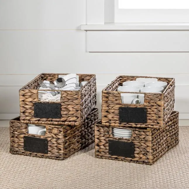 happimess 4 -Pack Lane Classic Handwoven with Chalkboard Labels ( 12.01-in W x 5.12-in H x 9.06-in D ) Brown Water hyacinth Stackable Basket