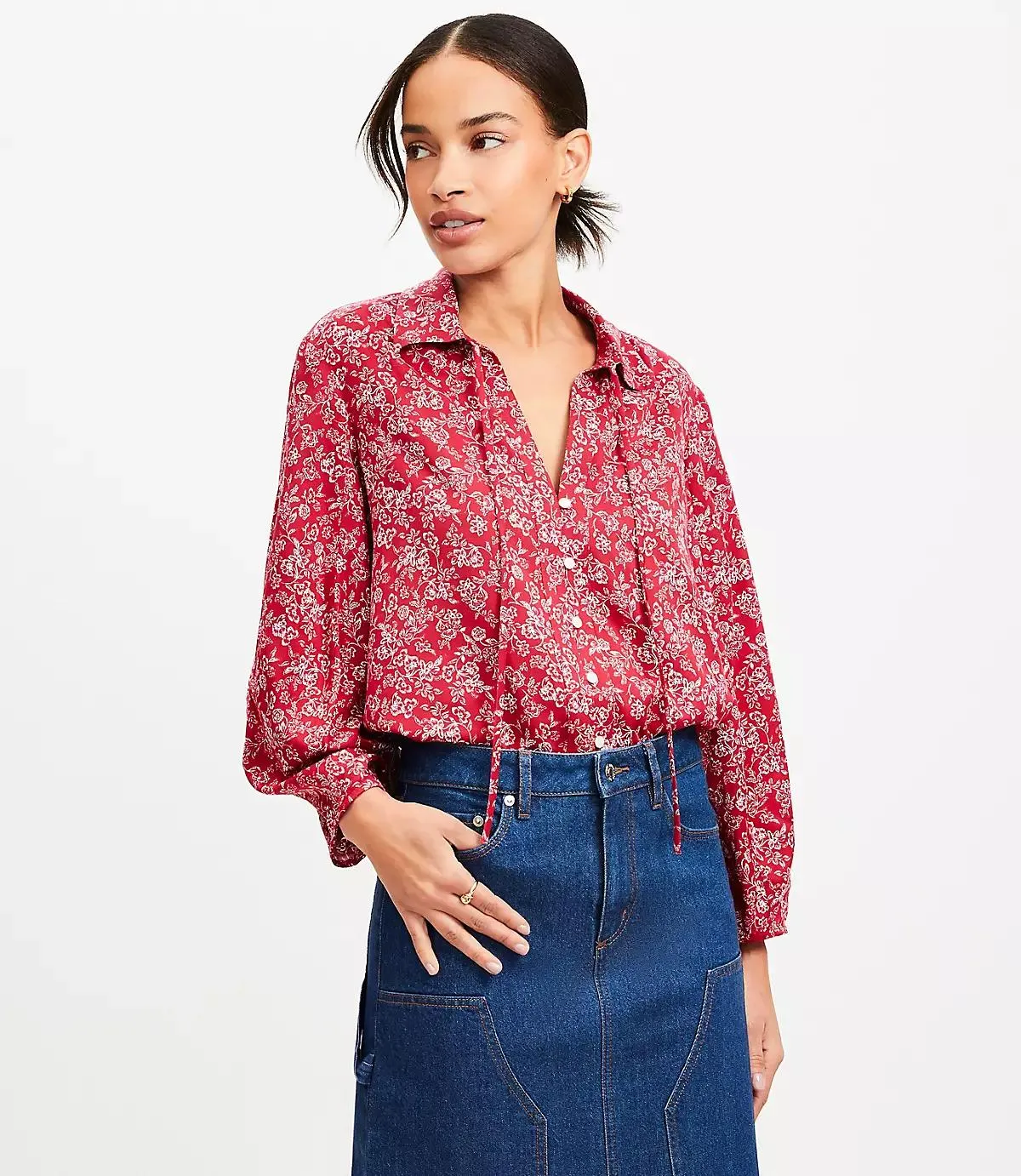 Floral Seamed Sleeve Tie Neck Blouse