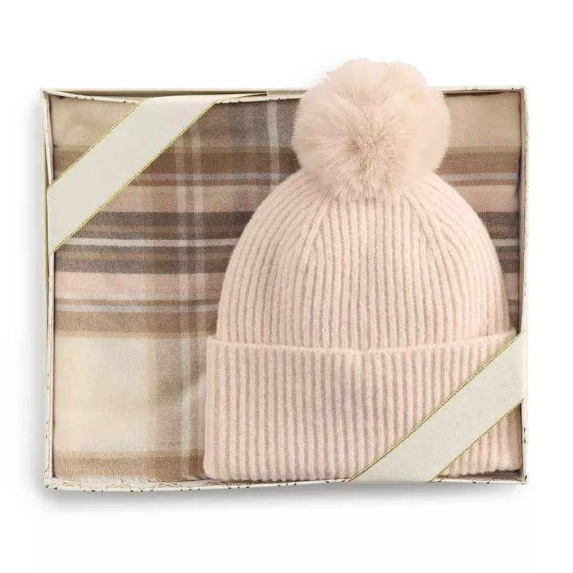 Women's Nine West Classic Plaid Scarf & Solid Pompom Beanie Boxed Set