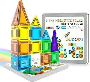 Mini Travel Magnetic Tiles with Case - Add Sudoku Play, 42pcs Mini Magnet Tiles, Portable Magnetic Blocks for Kids Ages 3-5 4-8 Boys Girls, STEM Sensory Magnet Toys for Indoor Outdoor, Ideal Kids Gift