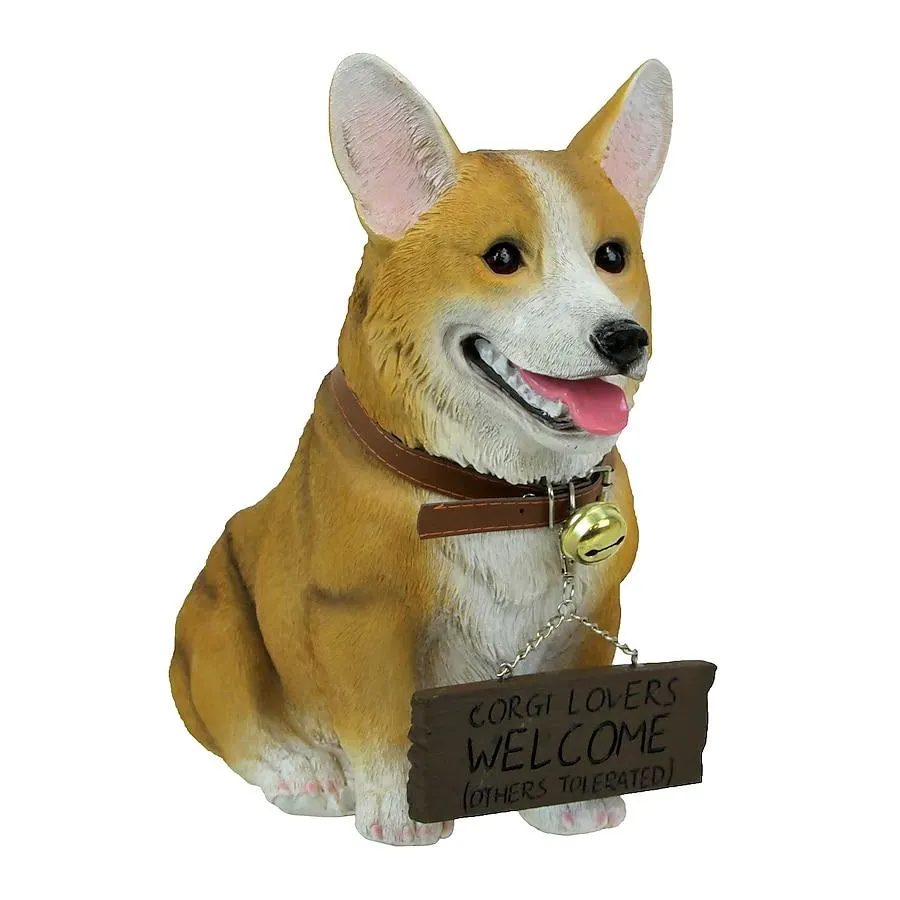 DWK Jasper the Welsh Corgi Dog Realistic Lifelike Statue with Reversible Sign