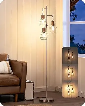 EDISHINE Dimmable Rustic Floor Lamp, Farmhouse Standing Lamp with 3 LED Edison Bulbs, Rattan Design Floor Lamps for Living Room, Bedroom, Reading Corner, Office, Electroplated Brushed Red Copper