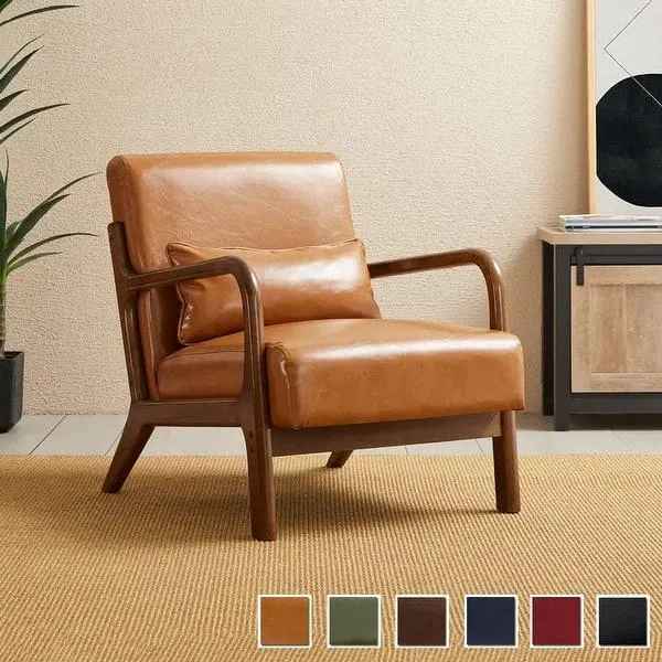 Glitzhome 30.75"H Mid-Century Modern PU Leather Armchair Accent Chair with Pillow - 25.75"W x 33.75"D x 30.75"H