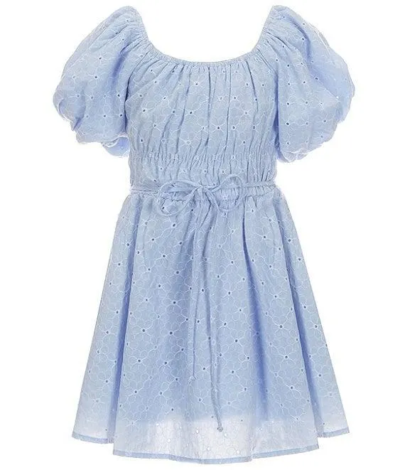 Big Girls Puffed Sleeve Eyelet Patterned Peasant Dress