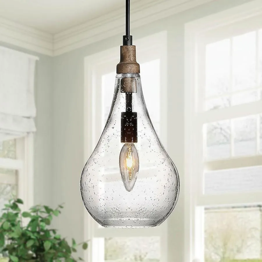 Uolfin 1 -Light Black and Brown Birch Wood in Calabash Traditional Seeded glass Teardrop Smart Mini Hanging Kitchen island light