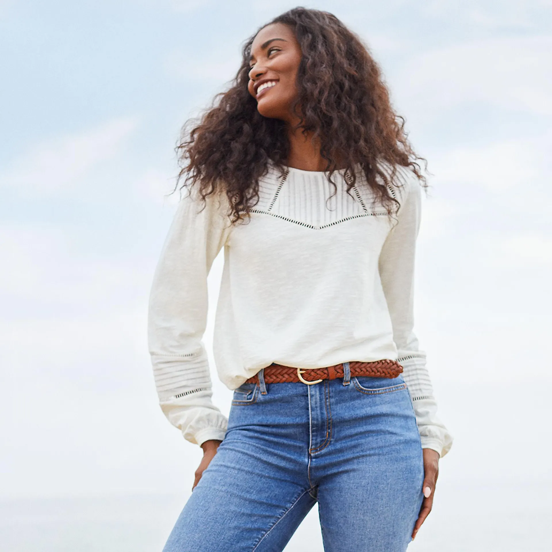 Women's Long Sleeve Slub Pintuck Top