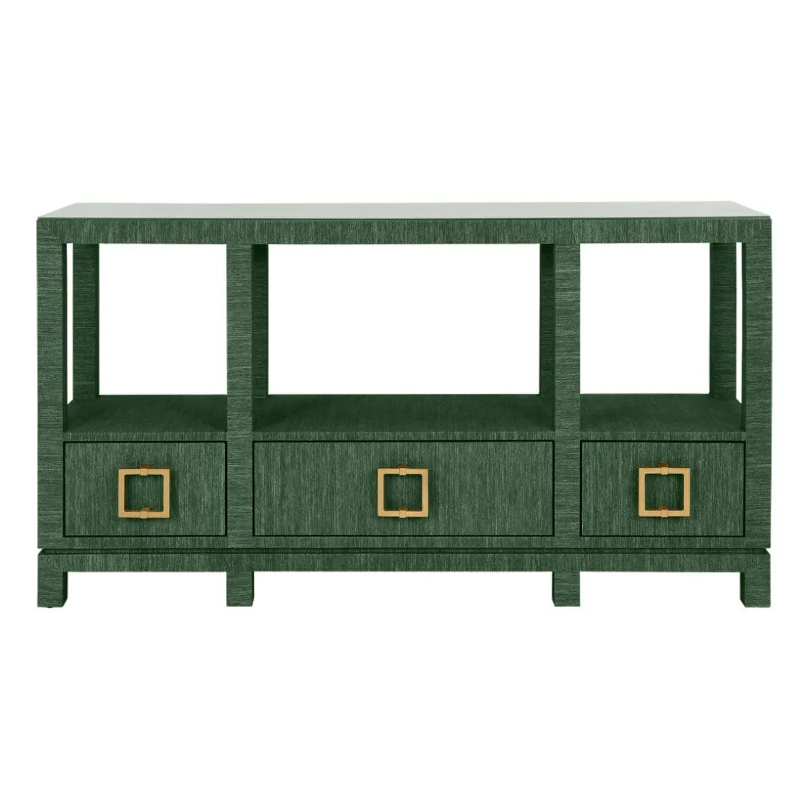 Matthew Izzo Home Campbell Green Grasscloth Two Tiered, Three Drawer Console Table With Satin Brass Hardword and Glass Top