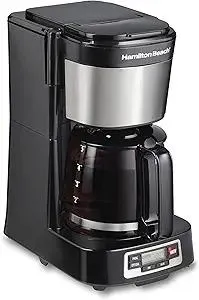 Hamilton Beach 5 Cup Drip Coffee Maker with Easy FrontFill Basket, Compact Design, Programmable Clock, Glass Carafe, Auto Pause and Pour, Black & Stainless Steel (46111)