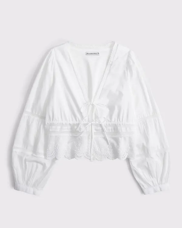 Long-Sleeve Lace Tie-Front Top