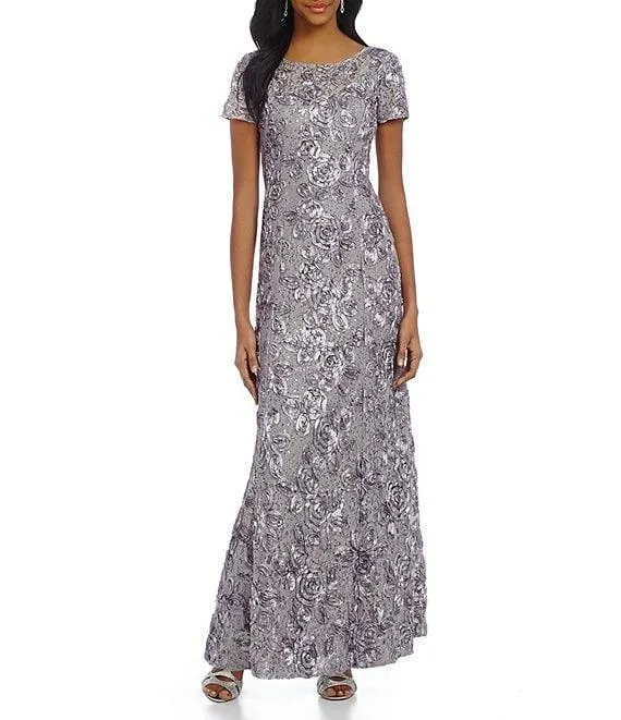 Sequin Floral Lace Ribbon Rosette Round Neck Short Sleeve Gown