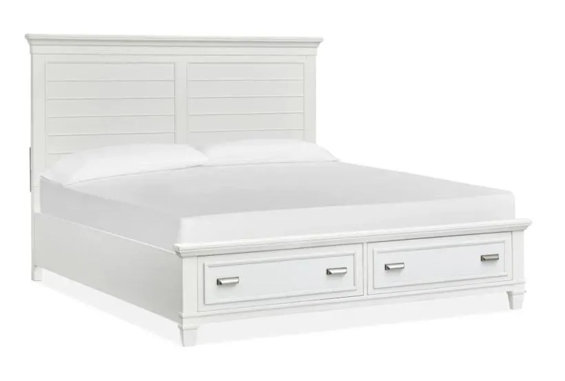 Catherine White Queen Wood Panel Bed with Footboard Storage