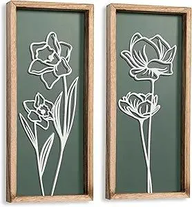 3D Floral Green Wall Art (Set of 2) Lightweight, Wooden Ready-to-Hang Boho Framed Wall Art for Bathroom, Bedroom, Living Room or Office – Premium Sage Green Farmhouse Decor – Gift-Boxed
