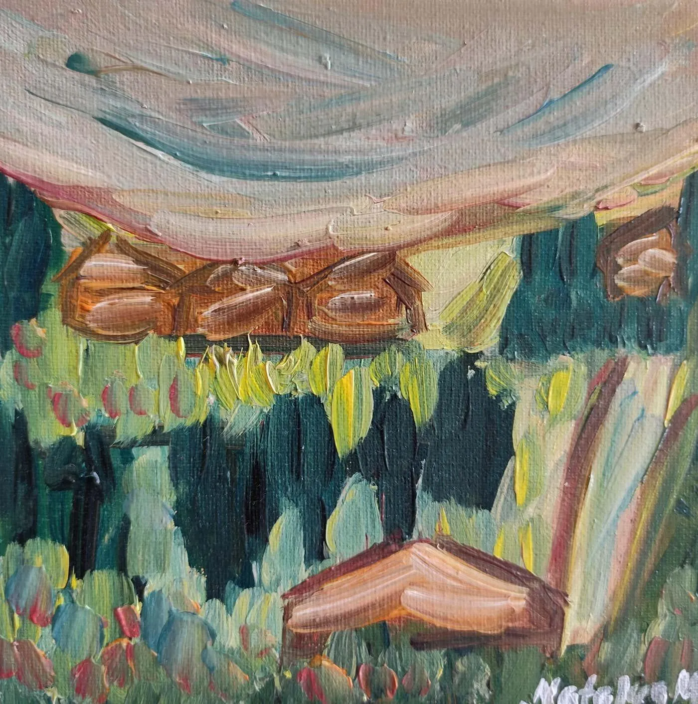 Mougenot Natalya Contemporary semi-abstract small oil painting on canvas "Nature hides home" 2025