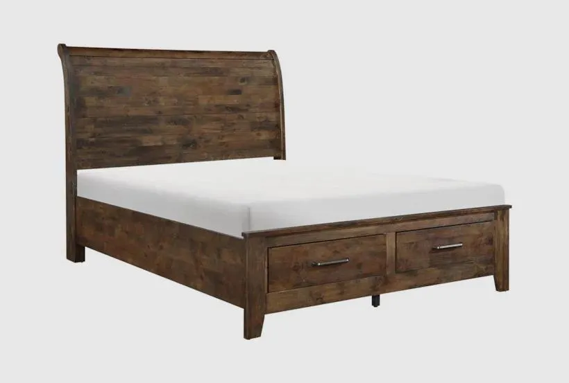 Callum Queen Brown Wood Platform Bed with Footboard Storage | Drawers | Sleigh