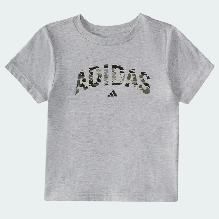 Two-Piece Short Sleeve Heather Tee and Camo 3-Stripes Woven Shorts Set