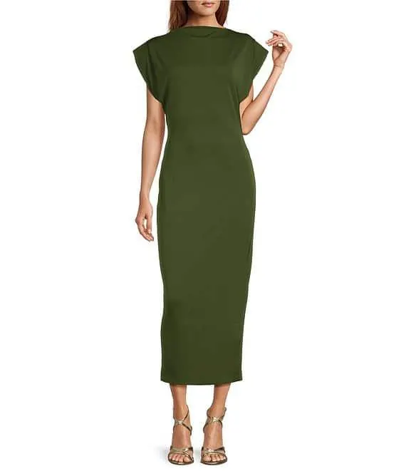 Harper Matte Jersey Mock Neck Dropped Cap Sleeve Midi Sheath Dress