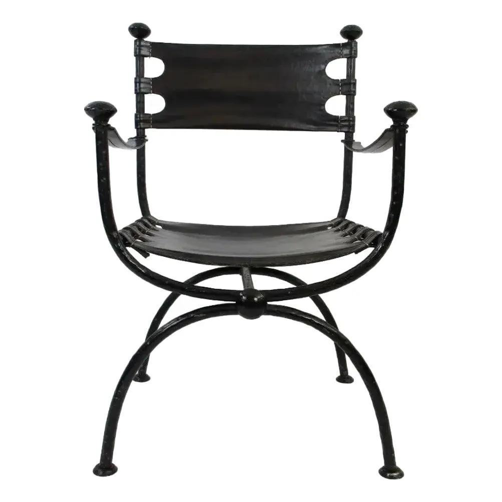 C.1950's Italian Giacometti-Style, Hand-Forged Savonarola Curule Legged & Leather Sling Arm Chair