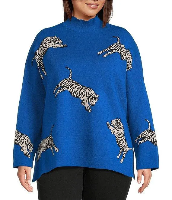 Plus Size Tiger Jacquard Print Mock Neck 3/4 Sleeve Popover Sweater