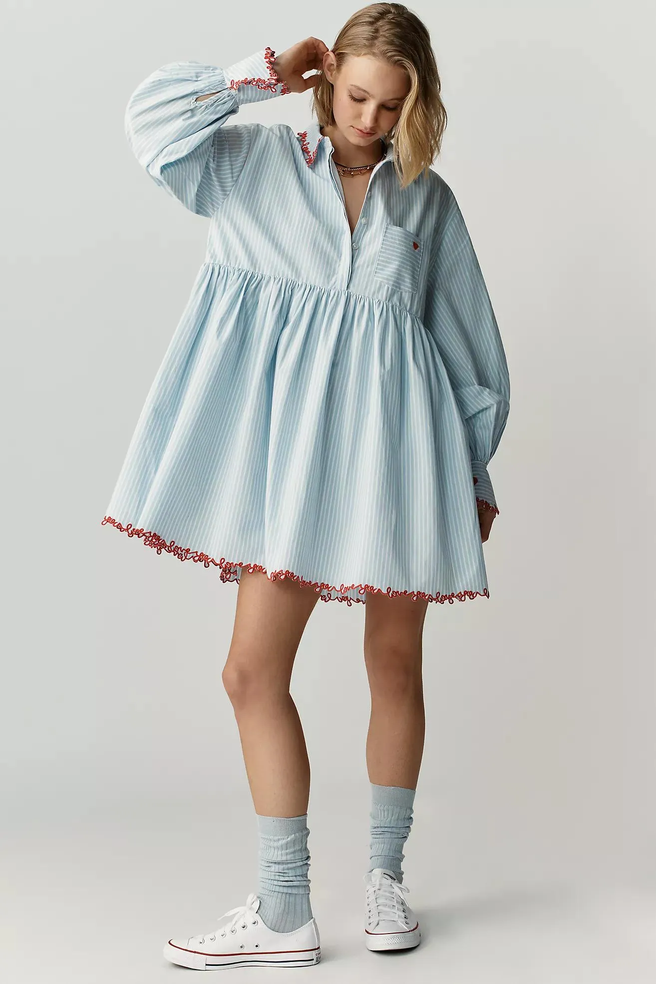 Maeve Love Letter Embroidered Swing Shirt Dress