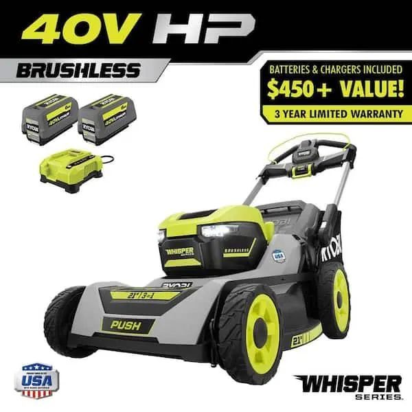 40V HP Brushless 21" Whisper Series Cordless Walk-Behind Multi-Blade Push Lawn Mower - (2) 6.0 Ah Batteries & Charger