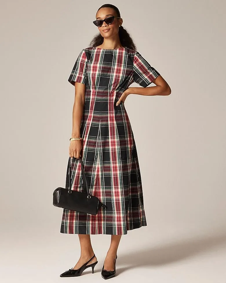 Short-sleeve midi dress in tartan cotton blend