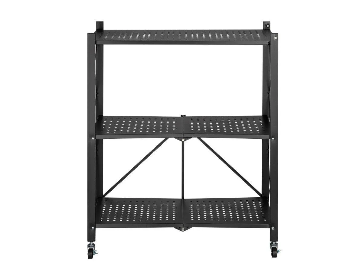 MPM 3-Tier Foldable Shelf Storage with Wheels, Heavy Duty Casters with Lock, Organizer Rack, Multifunctional Standing Steel Cart, Perfect for Kitchen, Garage, Home Office, and Pantry
