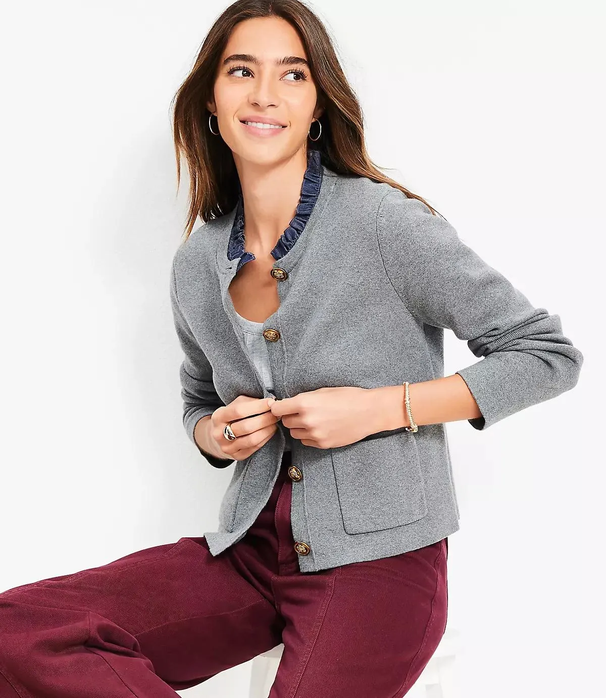 Ruffle Collar Mixed Media Sweater Jacket