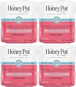 The Honey Pot Company - 48ct - Herbal Postpartum Pads w/Wings - Infused w/Essential Oils for Cooling Effect, Organic Cotton Cover, & Ultra-Absorbent