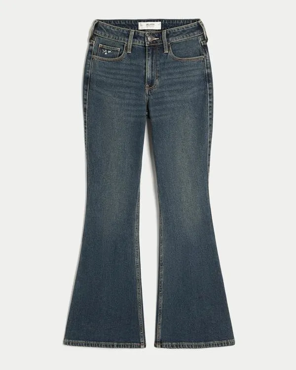 High-Rise Dark Wash Embroidered Florals Flare Jeans