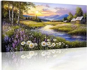 SERIMINO Large Wall Art Prints, Rural Landscape Wall Decor, Meadow Wildflower Canvas Painting, River Cottage Pictures Home Decor Living Room Bedroom, Green Scenery Farmhouse Decor Artwork 20"X40"
