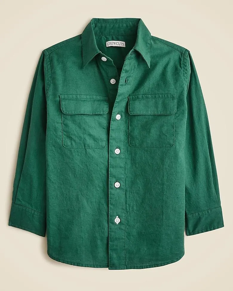 Kids' long-sleeve camp-pocket shirt in linen-cotton blend