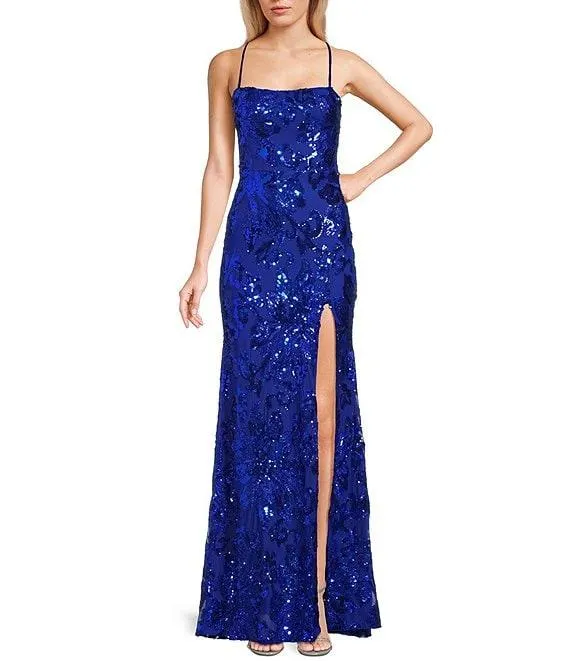 Floral Sequin-Lace Up Spaghetti Strap Square Neck Dress