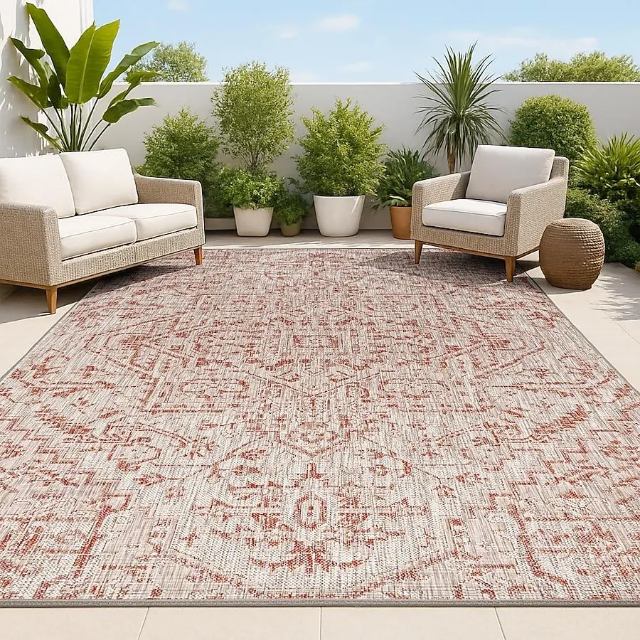 JONATHAN Y Santa Monica Estrella Textured Weave 8 x 10 (ft) Loomed Polypropylene Red/Taupe Rectangular Indoor/Outdoor Border Coastal Area rug