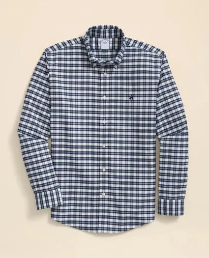 Stretch Cotton Non-Iron Oxford Polo Button Down Collar, Checked Shirt