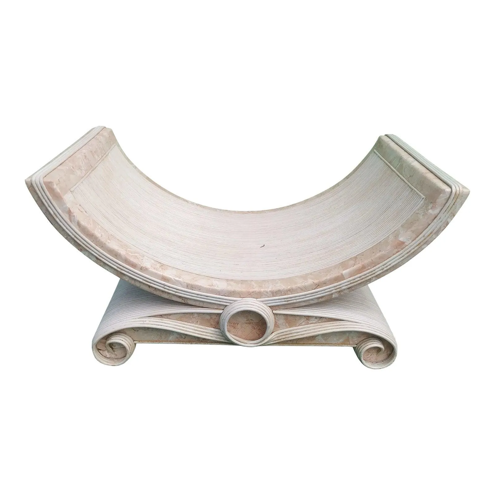 Vintage Molded Pencil Reed Betty Cobonpue Faux Peach Marble Mid Century Bent U Shape Swirl Leg Coffee Table