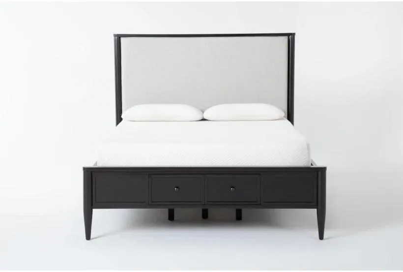Austen Black Queen Wood & Upholstered Platform Bed With Footboard Storage | Drawers