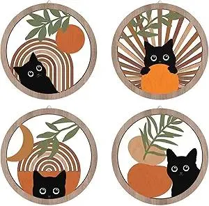 HPNIUB Boho Black Cat Wall Decor, Farmhouse Geometric Hanging Wooden Wall Art, 4 Pieces 10''x10'' Mid Century Bohemian Abstract Moon and Sun Wood Sign for Nursery Bedroom Decoration, Lovely Cat Gifts