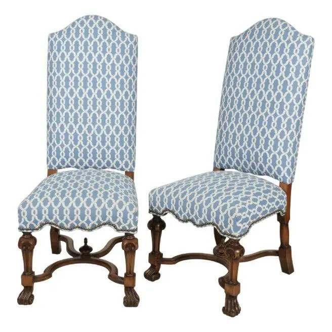 Pair if Spanish Colonial Walnut Scalamandre Blue Lattice High Back Side Chairs