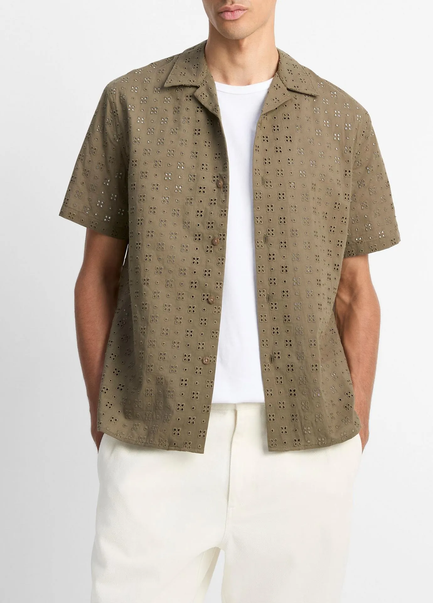 Cotton Eyelet Short-Sleeve Button-Front Shirt