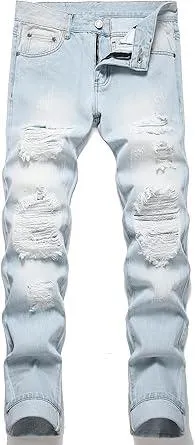 OIIIO Men's Ripped Slim Fit Straight Leg Jean Denim Pant