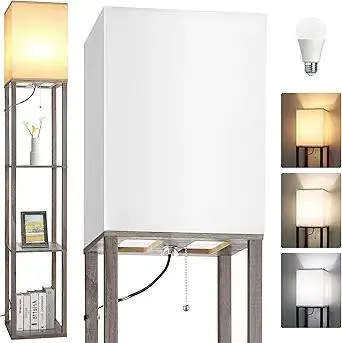 Floor Lamp with Shelves๏ผWood Corner Floor Lamps for living room tables with 3 CCT LED Bulb,Modern Display Bookshelf Nightstand Lamps,Column Standing Lamp for Bedroom Office Home Decor-Rustic Wood